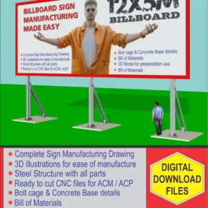 Billboard advertisement reading 'Sign Manufacturing made Easy' with a man in an orange shirt gesturing and listed features for sign production beside him.