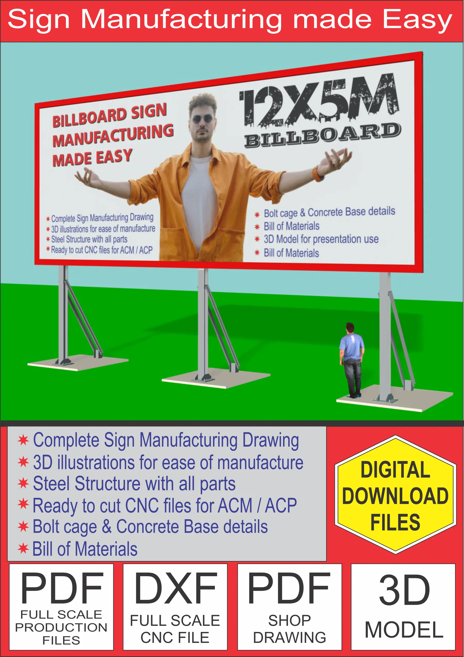 Billboard advertisement reading 'Sign Manufacturing made Easy' with a man in an orange shirt gesturing and listed features for sign production beside him.