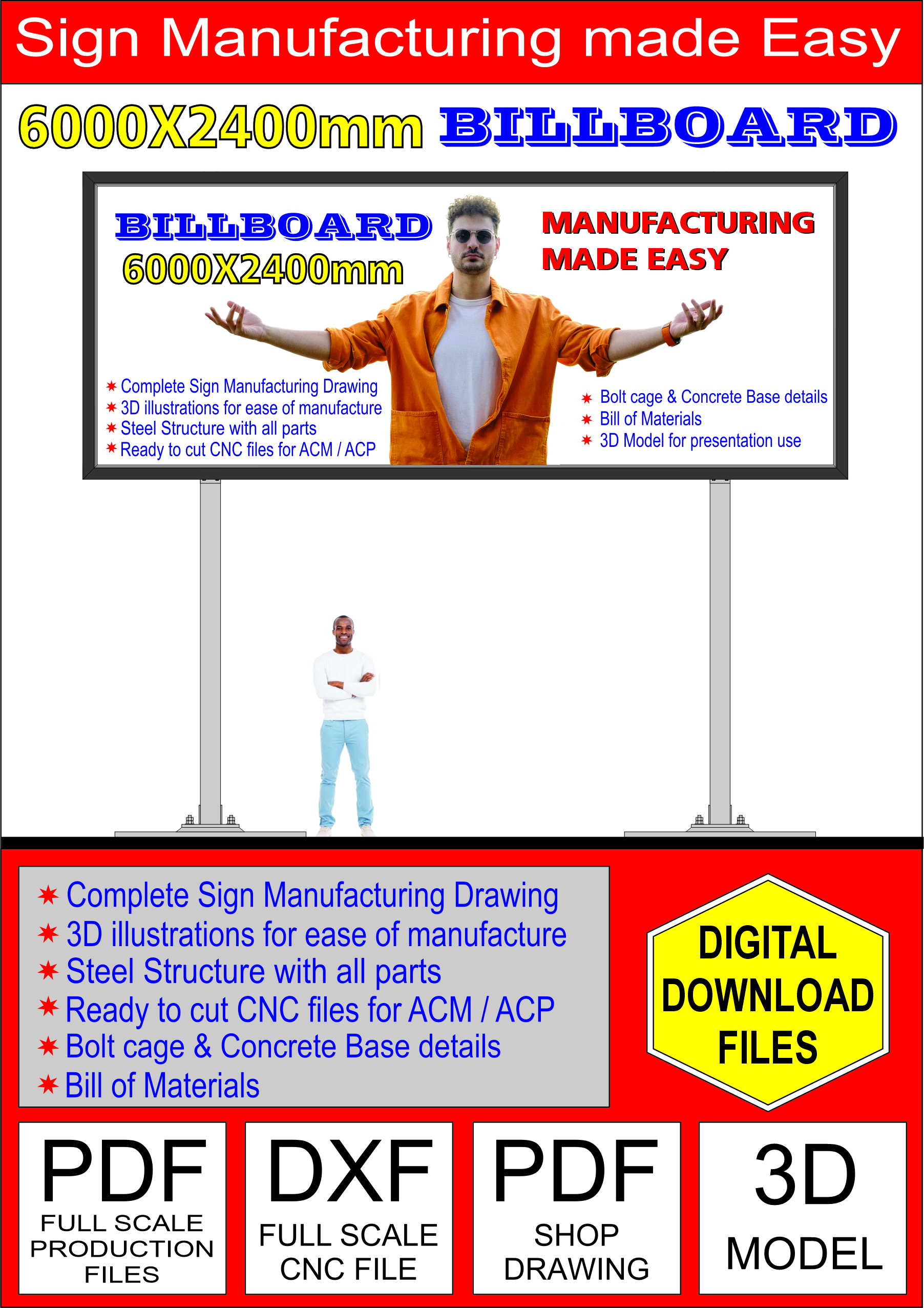 Billboard ad for sign manufacturing featuring a man in an orange shirt with arms out, bold 'BILLBOARD' text and '6000X2400mm'.